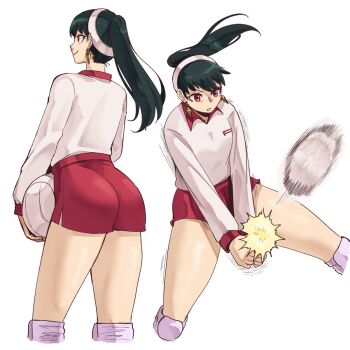 1girl alternate_costume ass ball black_hair commentary dolphin_shorts earrings english_commentary gold_earrings gym_shorts highres jersey jewelry knee_pads long_sleeves playing_sports ponytail red_eyes red_shorts shorts simple_background smile solo sportswear spy_x_family volleyball volleyball_uniform wanderjegson white_background yor_briar