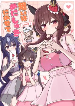 Rule 34 | > <, 4girls, :3, animal ears, beret, black shirt, black shorts, blue eyes, blue hair, blue ribbon, blush, braid, braided hair rings, breasts, brown hair, cheval grand (umamusume), closed eyes, closed mouth, clothing cutout, cropped shirt, ear covers, ear ornament, gentildonna (umamusume), grey skirt, hair between eyes, hair ornament, hair ribbon, hair rings, hat, heart, heart-shaped ornament, heart ear ornament, heart hands, highres, holding, holding letter, horse ears, horse girl, horse tail, large breasts, layered skirt, letter, long hair, looking at viewer, medium breasts, meni shuki rush-sshu!, midriff, mole, mole under eye, multicolored hair, multiple girls, nepty (silkey vod), open mouth, peaked cap, pink shirt, pink skirt, purple eyes, red eyes, ribbon, shirt, shorts, shoulder cutout, siblings, single ear cover, sisters, skirt, smile, speech bubble, spoken heart, streaked hair, tail, twintails, umamusume, v sisters, verxina (umamusume), vivlos (umamusume), white hair, white hat
