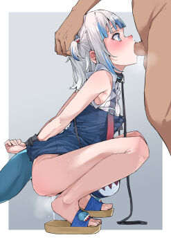 1boy 1girl absurdres arms_behind_back bare_arms bare_shoulders bdsm black_collar blue_dress blue_eyes blue_hair blunt_bangs blush bondage border bound bound_wrists breasts clothed_female_nude_male collar commentary cuffs dress feet fellatio female_focus fins fish_tail from_side full_body gawr_gura gawr_gura_(casual) gradient_background grey_background hair_ornament hand_on_another's_head head_grab hetero highres hololive hololive_english irrumatio leash loli medium_hair multicolored_hair nude one_side_up oral outside_border penis pinafore_dress pussy_juice pussy_juice_trail rape sandals shark_girl shark_hair_ornament shark_tail shirt simple_background sleeveless sleeveless_dress sleeveless_shirt small_breasts snot solo_focus squatting streaked_hair tail tearing_up tears testicles toes uncensored virtual_youtuber white_border white_hair white_shirt wrist_cuffs yuukauta