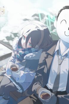 1boy 2girls absurdres alternate_color aris_(blue_archive) aris_(winter)_(blue_archive) black_hair black_jacket black_necktie black_pants black_pantyhose blue_archive blue_halo blue_scarf boots closed_mouth coat coffee collared_shirt cup disposable_cup doodle_sensei_(blue_archive) earmuffs fur-trimmed_coat fur-trimmed_sleeves fur_trim grey_coat hair_between_eyes halo hashtag-only_commentary head_on_another&#039;s_shoulder highres holding holding_cup jacket long_sleeves looking_at_another looking_to_the_side momoi_(blue_archive) multiple_girls necktie open_clothes open_jacket outdoors pants pantyhose plaid_clothes plaid_scarf pleated_skirt rectangular_halo scarf sensei_(blue_archive) shihnji282 shirt sitting skirt smile snow snowball white_boots white_shirt white_skirt winter