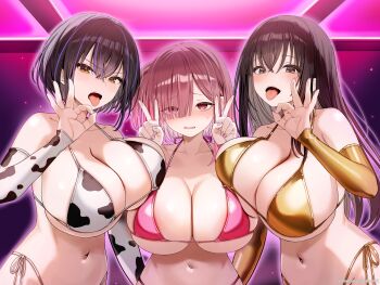 3girls animal_print bikini black_hair blunt_bangs blush breast_press breasts bridal_gauntlets brown_hair cleavage collarbone commentary_request cow_print cow_print_bikini cow_print_bridal_gauntlets crossed_bangs double_v embarrassed fellatio_gesture gold_bikini gold_bridal_gauntlets gradient_hair hair_over_one_eye highres huge_breasts long_hair looking_at_viewer multicolored_hair multiple_girls navel open_mouth original pink_bikini pink_nails print_bikini print_bridal_gauntlets purple_hair sakuma_shiki short_hair side-tie_bikini_bottom streaked_hair swimsuit take_your_pick tongue tongue_out two-tone_hair upper_body v v-shaped_eyebrows wavy_mouth