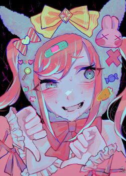 1girl absurdres agnes_digital_(umamusume) animal_ears bandaid_on_hair black_background blue_eyes blush bow bowtie clenched_teeth commentary_request ear_covers frilled_sleeves frills hands_up heart heart_hands highres horse_ears horse_girl long_sleeves medium_hair neckerchief nervous_sweating parted_lips pink_hair pink_shirt red_bow red_bowtie ringed_eyes shironism shirt simple_background smile solo sweat teeth twintails umamusume uneven_eyes yellow_neckerchief