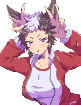 1girl :d animal_ears arms_up breasts brown_hair commentary_request double_v grey_shirt gym_shirt highres horse_ears jacket large_breasts looking_at_viewer mejiro_ryan_(umamusume) multicolored_hair open_clothes open_jacket open_mouth purple_eyes red_jacket shirt simple_background smile solo takobutter track_jacket two-tone_hair umamusume upper_body v white_background white_hair