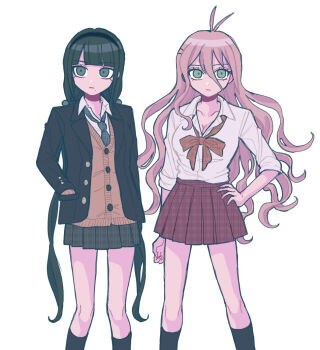 2girls antenna_hair black_hair blonde_hair blue_eyes blunt_bangs bow bowtie breasts cardigan_under_jacket chabashira_tenko cleavage commentary_request danganronpa_(series) danganronpa_v3:_killing_harmony eyelashes green_eyes hair_between_eyes hair_ribbon hairband hand_on_own_hip iruma_miu jacket kneehighs large_breasts long_hair long_sleeves low_twintails milk_o mole mole_under_mouth multiple_girls pleated_skirt ribbon school_uniform shirt skirt socks standing twintails very_long_hair white_background