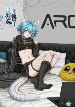 1boy :p absurdres animal_ears archon_eclipse bikini bikini_top_only black_bikini black_choker black_skirt black_socks blue_eyes blue_hair body_markings choker christmas_lights christmas_ornaments clothes_lift commission computer emoji feet fishnet_thighhighs fishnets highres ikea_shark indie_virtual_youtuber laptop legs leopard_boy leopard_ears leopard_tail lifting_own_clothes lobsteranian long_sleeves looking_at_viewer male_focus marking_on_cheek navel no_shoes pillow pleading_face_emoji poster_(object) shirt_lift short_hair sitting skirt snow_leopard socks soles spotted_tail stuffed_animal stuffed_shark stuffed_toy swimsuit tail thighhighs toes tongue tongue_out trap virtual_youtuber
