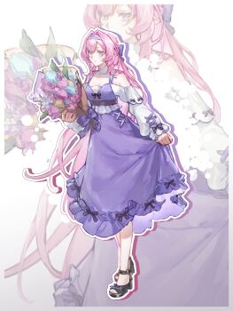 Rule 34 | 1girl, alternate costume, blue eyes, bouquet, breasts, dress, elf, elysia (honkai impact), flower, full body, hairband, high heel sandals, high heels, highres, holding, holding bouquet, honkai (series), honkai impact 3rd, long hair, medium breasts, nail polish, pink hair, platform sandals, pointy ears, purple dress, purple hairband, sandals, seawave02974, sharp toenails, skirt hold, solo, strappy heels, toenail polish, toenails, toes, very long hair, white background, zoom layer