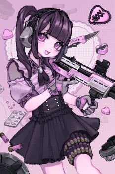 1girl aegyo_sal ammunition_belt black_hair black_ribbon black_skirt blunt_bangs blush brooch bullpup combat_knife commentary double-barreled_shotgun ear_protection english_commentary gloves gun head_tilt high-waist_skirt highres holding holding_gun holding_weapon holster jewelry jirai_kei knife multiple-barrel_gun neck_ribbon nezumicchii open_mouth original pill pink_eyes pink_shirt pixel_art pump-action_shotgun ribbon shirt short_sleeves shotgun side-by-side-barreled_shotgun skirt solo standard_manufacturing_dp-12 thigh_holster twintails weapon