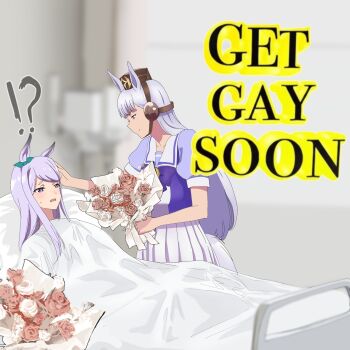 !? 2girls animal_ears bed blunt_bangs blurry blurry_background bouquet bow brown_hat commentary desuuuu ear_bow ear_covers english_commentary flower gold_ship_(umamusume) green_bow grey_hair half-closed_eyes hand_on_another&#039;s_head hat highres holding holding_bouquet horse_ears horse_girl horse_tail hospital hospital_bed indoors long_hair mejiro_mcqueen_(umamusume) multiple_girls parted_lips petting photo-referenced pillbox_hat purple_bow purple_hair purple_shirt sailor_collar sailor_shirt school_uniform shirt smile sweatdrop swept_bangs tail tracen_school_uniform umamusume under_covers