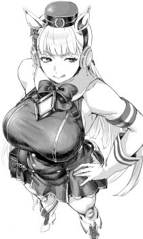 1girl animal_ears arm_strap belt_pouch blunt_bangs boots bow bowtie breasts chinstrap commentary_request dress eyelashes from_above full_body gloves gold_ship_(red_strife)_(umamusume) gold_ship_(umamusume) hands_on_own_hips hat highres horse_ears horse_girl horse_tail knees large_breasts licking_lips long_hair looking_to_the_side miniskirt monochrome pillbox_hat pouch skirt sleeveless sleeveless_dress solo tail tongue tongue_out umamusume utsuke_(u_tuk_e)