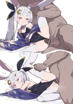 1boy 1girl absurdres animal_ear_fluff animal_ears bar_censor bell black_leotard blush bow bowtie carrot_hair_ornament censored clothed_female_nude_male clothing_aside commentary_request commission covered_navel crescent crescent_hair_ornament cum cum_in_pussy cum_overflow flat_chest food-themed_hair_ornament grey_hair hair_ornament hetero highres jingle_bell leotard leotard_aside loli long_hair lying matcha_(mattyan) neck_bell nipples nude on_side open_mouth original penis purple_bow purple_bowtie pussy rabbit_ears rabbit_girl red_eyes sex side_ponytail skeb_commission strapless strapless_leotard sweat testicles thick_eyebrows thick_eyelashes thighhighs vaginal white_thighhighs