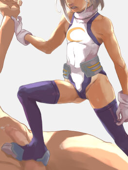 1boy 1girl age_difference aged_down assertive_female boku_no_hero_academia boots censored clothed_female_nude_male cuess cum dark-skinned_female dark_skin erection faceless faceless_female female_focus femdom flat_chest gloves hetero loli medium_hair mirko muscular muscular_male nude penis precum simple_background size_difference solo_focus stepped_on tagme thighhighs white_background white_hair