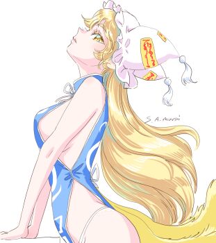 Rule 34 | 1girl, alternate hair length, alternate hairstyle, artist name, blonde hair, blue tabard, breasts, commentary request, expressionless, fox girl, fox tail, from side, hat, large breasts, looking at viewer, looking to the side, multiple tails, no bra, panties, panty straps, s-a-murai, sideboob, solo, tabard, tail, touhou, underwear, white background, white panties, yakumo ran, yellow eyes