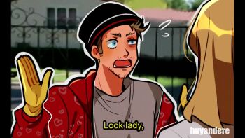 1boy 1girl animated animification artist_name audible_speech beanie blonde_hair blue_eyes breaking_bad breasts car cleavage deep_fried_(meme) english_text facial_hair gen_1_pokemon hat huyandere japanese_audio jesse_pinkman large_breasts meme motor_vehicle my_name_is_skyler_white_yo_(meme) nintendo outdoors outline pikachu pokemon pokemon_(creature) skyler_white sound subtitled surprised_pikachu_(meme) tagme video vine_boom_(meme) watermark white_outline