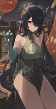 1girl absurdres aerial_fireworks arknights bare_arms bare_shoulders black_dress black_hair blurry blurry_background breasts calligraphy_brush china_dress chinese_clothes cleavage cleavage_cutout closed_mouth clothing_cutout colored_extremities cowboy_shot dragon_girl dragon_horns dress dusk_(arknights) dusk_(everything_is_a_miracle)_(arknights) earrings fireworks gradient_clothes gradient_dress green_dress hair_over_one_eye hand_up highres holding holding_calligraphy_brush holding_paintbrush horns jewelry long_hair looking_at_viewer medium_breasts night official_alternate_costume one_eye_covered paintbrush pointy_ears red_eyes sitting sleeveless sleeveless_dress solo tassel tassel_earrings unfinished very_long_hair yorei_8338