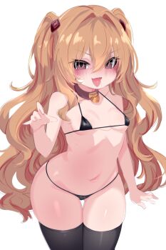 1girl aisaka_taiga bandaid bandaid_on_face bikini black_thighhighs blush breasts brown_hair female_focus hair_ornament highres kukuchi581 kyojiri_loli loli long_hair long_twintails micro_bikini navel small_breasts solo standing stomach swimsuit thighhighs thighs toradora! twintails