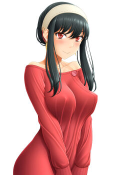 1girl bare_shoulders black_hair blush breasts closed_mouth collarbone commentary_request earrings gold_earrings hairband highres jewelry large_breasts long_hair looking_at_viewer off-shoulder_sweater off_shoulder red_eyes red_sweater short_hair_with_long_locks sidelocks simple_background sin-go smile solo spy_x_family sweater upper_body white_background white_hairband yor_briar