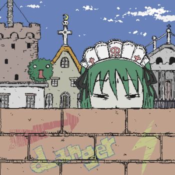 1girl =_= arrow_(symbol) brick_wall city cloud creature cross day female_focus futaba_channel graffiti green_hair iya_maid lowres maid_headdress marimo neji_(futaba) outdoors short_hair sky solo wall