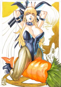 1girl acecore2k alternate_costume animal_ear_hairband animal_ears armlet arms_behind_head black_armlet black_boots black_collar black_hairband black_leotard black_nails black_pantyhose blonde_hair blue_lips blunt_bangs boots breasts carrot cleavage collar colored_eyelashes colored_pencil_(medium) commentary earrings english_commentary fake_animal_ears hairband high_heel_boots high_heels highleg highleg_leotard highres holding holding_behind_back holding_sword holding_sword_behind_back holding_weapon holding_weapon_behind_back hoop_earrings jewelry large_breasts leotard long_hair looking_at_viewer magik_(x-men) makeup marker_(medium) marvel marvel_rivals new_mutants orange_eyes painting_(medium) pantyhose parted_lips pen_(medium) playboy_bunny profile rabbit_ears silver_earrings solo spiked_collar spikes strapless strapless_leotard sword traditional_media weapon wide_hips x-men