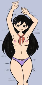 1girl :3 arms_up bed bed_sheet black_eyes black_hair blush bow bow_panties breasts highres long_hair looking_at_viewer mari_(omori) medium_breasts navel neckerchief nipples non-web_source nude omori on_bed panties pink_bow purple_panties red_neckerchief rivrider sketch smile solo topless_female underwear