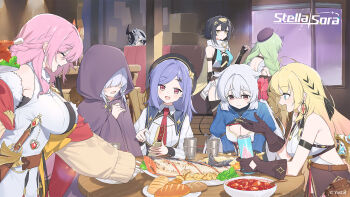 6+girls ^_^ amber_(stella_sora) armpits bare_shoulders black_gloves black_hair black_ribbon black_thighhighs blonde_hair blue_shrug braid breasts can character_request cleavage cloak closed_eyes collared_shirt commentary cosette_(stella_sora) crane_game drink_can earrings elbow_gloves english_commentary fingerless_gloves flower flying_sweatdrops food fuyuka_(stella_sora) gloom_(expression) gloves green_hair grey_hair guest_art hair_flower hair_ornament hair_over_eyes hair_ribbon half_up_braid hayashi_kewi highres holding holding_can hood hooded_cloak iris_(stella_sora) jewelry juliet_sleeves kaede_(stella_sora) large_breasts long_sleeves low_twin_braids medium_breasts multiple_girls nazuna_(stella_sora) necktie noya_(stella_sora) official_art peeking petal_bloom_(stella_sora) pink_eyes pink_flower pink_hair profile puffy_sleeves purple_hair red_necktie ribbon ribbon_braid salmon second-party_source shirt shrug_(clothing) sideless_shirt single_earring sleeveless sleeveless_shirt soda_can soup sparkle_hair_ornament stella_sora thighhighs twin_braids white_shirt yellow_eyes