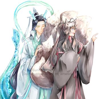 2boys :d ahoge animal_ear_fluff animal_ears black_hair black_hanfu blue_shawl brown_hair chinese_clothes closed_mouth commentary_request couple dragon_boy dragon_horns dragon_tail eastern_dragon_horns eastern_dragon_tail fang fox_boy fox_ears fox_tail hagoromo hair_ribbon hanfu headband high_ponytail horns hugging_another's_tail hugging_tail kemonomimi_mode kitsune kyuubi lan_wangji long_hair long_sleeves looking_at_another looking_to_the_side male_focus modao_zushi multiple_boys multiple_tails one_eye_closed open_mouth pointing ponytail profile red_ribbon red_sash ribbon ribboned_xiao_guan robe sash shawl sidelocks simple_background sleeves_past_wrists smile standing sunmoon9994 tail topknot twitter_username very_long_hair watermark wei_wuxian white_background white_hanfu white_headband white_ribbon wide_sleeves xiao_guan_(headdress) yaoi yellow_eyes