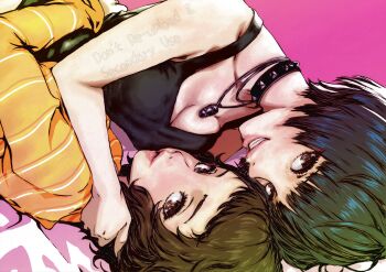 2girls absurdres black_hair breasts cleavage collar highres hug jewelry kawakami_sadayo looking_at_viewer multiple_girls multiple_necklaces necklace oeilvert_fft persona persona_5 pink_background shirt short_hair striped_clothes striped_shirt studded_collar takemi_tae