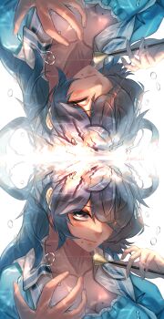 Rule 34 | 1girl, absurdres, ametonalu, blue dress, blue hair, blush, breasts, chisel, closed eyes, closed mouth, collared vest, commentary request, dress, hair down, hair over one eye, hair rings, highres, kaku seiga, large breasts, long hair, looking at viewer, mole, mole on breast, mole under mouth, open clothes, open vest, purple eyes, reflection, smile, touhou, vest, white background, white vest