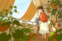 Rule 34 | 1girl, absurdres, blue sky, brown hair, bug, butterfly, chair, dress, highres, holding, holding watering can, insect, marunoki, original, plant, potted plant, red sweater, sandals, scenery, sky, sweater, watering, watering can, white dress