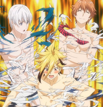 Rule 34 | 3boys, anime screenshot, blush, boxers, closed eyes, closed mouth, collarbone, crossed legs, ear piercing, embarrassed, fundoshi, grey eyes, hair ornament, hairclip, highres, isshiki satoshi, japanese clothes, kuga terunori, male focus, male underwear, multicolored hair, multiple boys, open mouth, orange eyes, piercing, shokugeki no souma, stitched, streaked hair, third-party edit, torn clothes, tsukasa eishi, underwear, white hair, white male underwear, yellow background