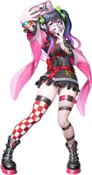 1girl adjusting_clothes alternate_costume aqua_eyes black_hair breasts demon_girl ear_piercing fingernails full_body gas_mask heterochromia highleg highleg_panties highres holding holding_phone jacket lilith-soft looking_at_viewer mask medium_breasts multicolored_hair nobushito_kuro official_alternate_costume panties perit phone piercing pointy_ears purple_eyes selfie shiny_skin short_hair simple_background solo standing striped_clothes striped_thighhighs taimanin_(series) taimanin_rpgx thighhighs transparent_background twintails two-tone_hair underwear v white_jacket wide_hips