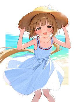 1girl :d absurdres bare_arms bare_shoulders blunt_bangs blush bow brown_eyes brown_hair brown_hat collarbone commentary day dress feet_out_of_frame hands_on_headwear hat hat_bow highres idolmaster idolmaster_cinderella_girls jia_wenyuan long_hair looking_at_viewer low_ponytail open_mouth outdoors ponytail sleeveless sleeveless_dress smile solo standing sun_hat sundress symbol-only_commentary white_bow white_dress yorita_yoshino