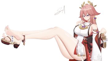 1girl animal_ears anklet armpit_crease artist_request ass bare_shoulders blush breasts detached_sleeves eyelashes feet floppy_ears foot_up footprints fox_ears genshin_impact geta hair_between_eyes hair_flaps hair_ornament holding holding_sandals invisible_chair japanese_clothes jewelry kimono knees large_breasts long_hair long_legs looking_at_viewer low-tied_long_hair miko nail_polish necklace no_bra nontraditional_miko outstretched_legs pendant pink_hair pink_toenails purple_eyes sandals short_kimono sideboob sidelocks sitting sleeveless soles spread_toes thighs toe_ring toenail_polish toenails toes very_long_hair vision_(genshin_impact) white_background wide_sleeves yae_miko