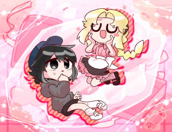 Rule 34 | 2girls, amelia lee, beatrice reden, black eyes, black hair, black skirt, blonde hair, blue hat, blush stickers, braid, chibi, chibi only, closed eyes, commentary request, empty eyes, grey hoodie, hat, hood, hoodie, i love amy, korean commentary, multiple girls, pink background, pink shirt, sanhak, shirt, shoes, short hair, single braid, skirt, socks, white shoes, white socks
