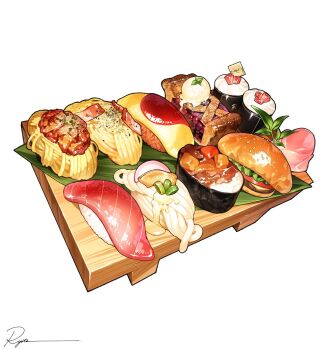 curry curry_rice food food_focus food_request no_humans omelet omurice original pasta pie rice ryota_(ry_o_ta) spaghetti sushi tuna white_background