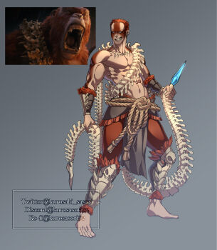 1boy animal ape arm_tattoo blue_eyes bone bone_weapon bone_whip creature_and_personification crystal crystal_weapon evil_grin evil_smile facial_tattoo giant giant_monster glowing_crystal godzilla_(series) godzilla_x_kong:_the_new_empire gorilla grin highres holding holding_weapon holding_whip kaiju king_kong_(series) kurosaki_sasori monster monsterverse muscular oversized_animal personification red_hair ribs sharp_teeth shoulder_tattoo skar_king skeleton skull smile spiked_tail spine tail tattoo teeth weapon whip whip_sword whipslash