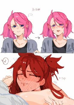 2girls black_shirt blush closed_eyes closed_mouth collarbone commentary_request fang full-face_blush grey_jacket heart heart-shaped_pupils highres jacket jinx_(league_of_legends) kid_sppinarl league_of_legends lux_(league_of_legends) medium_hair multiple_girls nervous_sweating open_mouth pink_hair purple_eyes red_hair shirt star_guardian_(league_of_legends) star_guardian_jinx star_guardian_lux sweat symbol-shaped_pupils top/bottom_dynamic_annotated twintails yuri