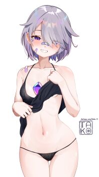 1girl absurdres alternate_costume bandaid bandaid_on_cheek bandaid_on_face bandaid_on_nose bandaid_on_shoulder black_chemise black_panties bob_cut breasts chemise chest_jewel clothes_lift cowboy_shot gem gluteal_fold gradient_hair grey_hair grin hair_flaps hair_over_one_eye highres hololive hololive_english jewel_under_eye koseki_bijou lace lace_panties linea_alba loli looking_at_viewer material_growth multicolored_hair navel official_alternate_hair_length official_alternate_hairstyle panties purple_eyes purple_gemstone purple_hair short_hair simple_background small_breasts smile solo stomach string_panties swept_bangs takoroki thigh_gap underwear virtual_youtuber white_background