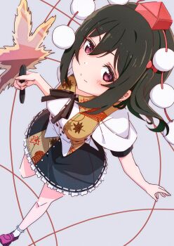 1girl ajapar black_hair black_ribbon black_skirt brown_shirt closed_mouth collared_shirt colored_inner_hair commentary_request cosplay costume_request frilled_skirt frilled_socks frills green_hair hand_fan hat highres holding holding_fan leaf_print loafers looking_at_viewer love_live! love_live!_nijigasaki_high_school_idol_club maple_leaf_print medium_hair mifune_shioriko miniskirt multicolored_hair neck_ribbon pink_eyes pink_shoes pom_pom_(clothes) print_shirt puffy_short_sleeves puffy_sleeves red_hat ribbon shameimaru_aya shameimaru_aya_(cosplay) shirt shoes short_sleeves skirt smile socks solo split_mouth tokin_hat touhou white_socks