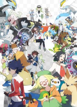 Rule 34 | 6+boys, 6+girls, :d, absurdres, accelgor, ahoge, anniversary, anthea (pokemon), bag, banette, beret, bianca (pokemon), black gloves, black hair, black kyurem, blonde hair, bodysuit, bodysuit under clothes, bow, bright pupils, brown hair, burgh (pokemon), celebi, cheren (pokemon), clay (pokemon), clenched hand, closed eyes, collared shirt, colress (pokemon), commentary request, concordia (pokemon), cryogonal, drayden (pokemon), elesa (pokemon), excadrill, eyelashes, fanny pack, fingerless gloves, gen 2 pokemon, gen 3 pokemon, gen 5 pokemon, ghetsis (pokemon), glasses, gloves, green headwear, green pants, hat, hat bow, highres, hilbert (pokemon), hilda (pokemon), holding, holding pokemon, hood, hooded jacket, hugh (pokemon), jacket, jellicent, jellicent (male), kanade (unchi knd280), keldeo, klinklang, kyurem, leavanny, legendary pokemon, long sleeves, marlon (pokemon), multiple boys, multiple girls, mythical pokemon, n (pokemon), nate (pokemon), necktie, nintendo, open mouth, orange jacket, oshawott, pants, patrat, pokemon, pokemon (creature), pokemon bw, pokemon bw2, red-framed eyewear, red headwear, red jacket, rosa (pokemon), roxie (pokemon), samurott, semi-rimless eyewear, shadow triad, shirt, shoes, short hair, shoulder bag, skyla (pokemon), smile, sneakers, snivy, stoutland, swanna, team plasma, team plasma grunt, teeth, tepig, tongue, upper teeth only, visor cap, whirlipede, white bag, white bow, white kyurem, white pupils, white shirt, zebstrika, zinzolin (pokemon), zorua