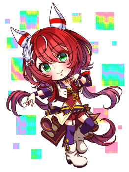 1girl animal_ears blush bodice boots breasts chibi chibi_only choker cleavage closed_mouth collarbone commentary_request corset cropped_jacket ear_covers feather_hair_ornament feathers full_body garter_straps green_eyes hair_between_eyes hair_ornament highres horse_ears horse_girl horse_tail jacket long_hair long_sleeves looking_at_viewer low_twintails medium_breasts midriff_peek navel overskirt pendant_choker purple_choker purple_garter_straps purple_thighhighs red_corset red_hair red_shorts shirt shorts smile solo standing standing_on_one_leg star_(symbol) starting_future_(umamusume) sugimotty_nova tail thighhighs twintails umamusume white_boots white_jacket white_shirt win_variation_(umamusume) wristband