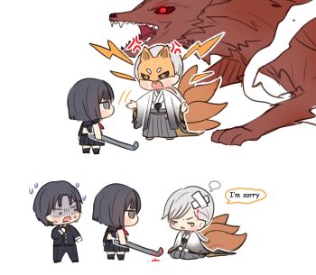 1girl 2boys apologizing bandaid bandaid_on_head black_hair black_sclera black_serafuku blush chibi chibi_only colored_sclera english_text fox_mask fox_mask_(silent_hill) fox_tail furrowed_brow gakuran grey_hair highres holding holding_lead_pipe iwai_shu kitsune kneeling kyuubi lead_pipe long_hair low_ponytail mask multiple_boys multiple_tails necktie open_mouth ponytail pun-rii red_eyes red_necktie robe school_uniform serafuku shaded_face shimizu_hinako short_hair silent_hill_(series) silent_hill_f sweatdrop tail tears torn_clothes white_background white_robe wide_sleeves yellow_eyes
