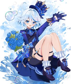 1girl ahoge arm_up ascot black_shorts blue_ascot blue_bow blue_eyes blue_flower blue_gemstone blue_gloves blue_hair blue_hat blue_jacket blue_pupils blue_shoes blush bouquet bow bubble commentary_request drop-shaped_pupils flower footwear_bow full_body furina_(genshin_impact) gem genshin_impact gloves hair_between_eyes hat heterochromia highres holding holding_bouquet hydro_symbol_(genshin_impact) invisible_chair jacket long_sleeves looking_at_viewer medium_hair multicolored_hair open_mouth shoes short_shorts shorts sitting solo symbol-shaped_pupils thigh_strap tsukise_miwa vision_(genshin_impact) white_hair