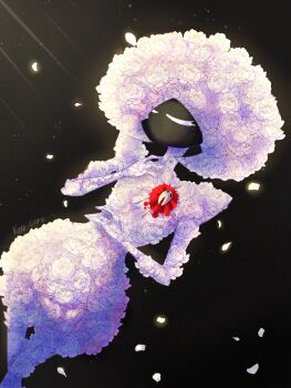 Rule 34 | arthropod girl, artist name, black background, black skin, cloak, closed eyes, colored skin, flower, from above, highres, holding, holding weapon, hollow eyes, hollow knight, hollow knight: silksong, horned mask, hornet (hollow knight), horns, kare care, lace (hollow knight), mask, needle (hollow knight), no mouth, petals, red cloak, simple background, weapon, white flower, white mask