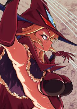 1girl absurdres aged_up armpits arms_up blonde_hair blue_eyes breasts carol_malus_dienheim clothing_cutout collared_capelet elbow_gloves gloves hair_between_eyes hat highres leotard long_hair mole mole_under_eye nullmiya purple_gloves purple_leotard ribs senki_zesshou_symphogear shiny_skin side_cutout sideless_outfit solo wire