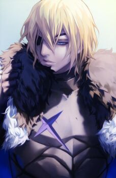 Rule 34 | 1boy, armor, black armor, black gloves, blonde hair, blue cloak, blue eyes, cloak, coat, commentary, dimitri alexandre blaiddyd, dimitri alexandre blaiddyd (timeskip), english commentary, eyepatch, fire emblem, fire emblem: three houses, fur-trimmed coat, fur trim, gloves, hair between eyes, male focus, nintendo, parted lips, short hair, solo, upper body, zhyphenth