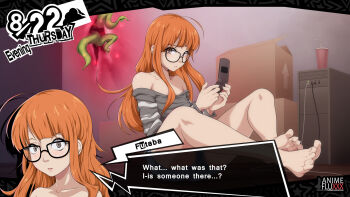 1girl ahoge animeflux bare_shoulders barefoot black-framed_eyewear blush breasts brown_eyes cellphone character_name commentary computer computer_tower english_commentary english_text fake_screenshot feet female_focus flip_phone glasses highres imminent_rape legs off-shoulder_sweater off_shoulder orange_hair persona persona_5 phone portal_(object) sakura_futaba shorts sitting small_breasts solo sweater tentacles toes watermark