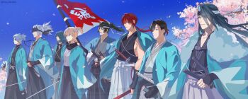 1girl 6+boys absurdres ahoge aqua_haori arm_guards black_gloves black_hair black_hakama black_kimono black_scarf blonde_hair blue_sky cherry_blossoms curtained_hair fate/grand_order fate_(series) forehead_protector fur_shawl gloves grey_hair grey_hakama grey_kimono hair_intakes hair_pulled_back hakama haori haori_on_shoulders harada_sanosuke_(fate) harada_sanosuke_(teal_haori_and_hakama)_(fate) headband highres hijikata_toshizou_(fate) hijikata_toshizou_(teal_haori_and_hakama)_(fate) holding holding_polearm holding_sheath holding_sword holding_weapon japanese_clothes katana kimono kondou_isami_(fate) long_hair low_ponytail ma_koneko medium_sideburns multiple_boys nagakura_shinpachi_(fate) nagakura_shinpachi_(third_ascension)_(fate) okita_souji_(fate) okita_souji_(teal_haori_and_hakama)_(fate) polearm ponytail saitou_hajime_(fate) saitou_hajime_(third_ascension)_(fate) scarf shawl sheath sheathed shinsengumi_(fate) short_ponytail sideburns sidelocks sky sleeveless sleeveless_kimono spiked_headband sword tasuki toned toned_male toudou_heisuke_(fate) toudou_heisuke_(third_ascension)_(fate) unsheathed watermark wavy_hair weapon white_hair white_hakama white_kimono yamanami_keisuke_(fate) yamanami_keisuke_(third_ascension)_(fate)