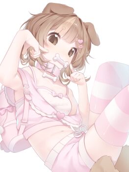 1girl absurdres animal_collar animal_ears backpack bag blunt_bangs bone bone_in_mouth borrowed_character bra breasts brown_eyes brown_hair brown_tail choker collar collarbone cowboy_shot crop_top dog_ears dog_girl dog_tail droopy_ears fingers_to_cheeks flipped_hair hair_ornament hairclip hands_up heart heart_hair_ornament heart_in_eye highres knees_up looking_at_viewer midriff mouth_hold navel original pastel_teddybear pink_bag pink_choker pink_shirt pink_shorts pink_thighhighs pink_trim polka_dot polka_dot_bra reclining second-party_source shirt short_eyebrows shorts simple_background single_off_shoulder sitting small_breasts solo striped_clothes striped_thighhighs symbol_in_eye tail thighhighs transparent_background two-tone_thighhighs underwear white_bra zettai_ryouiki