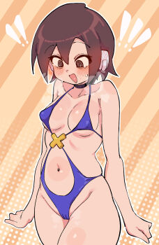 ! !! 1girl absurdres aile_(mega_man_zx) bare_shoulders black_eyes blue_one-piece_swimsuit blush breasts breath brown_hair buzzlyears cameltoe collarbone cowboy_shot highres mega_man_(series) mega_man_zx navel one-piece_swimsuit ringed_eyes robot_ears short_hair small_breasts solo swimsuit yellow_background