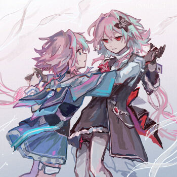 2girls black_dress black_flower black_gloves blue_eyes blue_jacket blue_skirt cowboy_shot dress dual_persona empty_eyes evernight_(honkai:_star_rail) flower flower_ornament frills from_behind gem gloves gradient_background grey_background hair_between_eyes hair_flower hair_ornament hairclip half-closed_eyes hands_up highres holding_hands honkai:_star_rail honkai_(series) jacket lapels long_hair long_sleeves looking_at_another low_twintails march_7th_(honkai:_star_rail) march_7th_(preservation)_(honkai:_star_rail) mirooji multicolored_eyes multiple_girls official_alternate_costume official_alternate_hairstyle partially_fingerless_gloves pink_eyes pink_hair puffy_long_sleeves puffy_sleeves red_eyes red_flower red_gemstone selfcest shirt short_hair simple_background single_glove skirt smile standing sweatdrop teeth thigh_strap turtleneck turtleneck_dress twintails two-tone_dress wavy_hair white_background white_dress white_shirt yuri